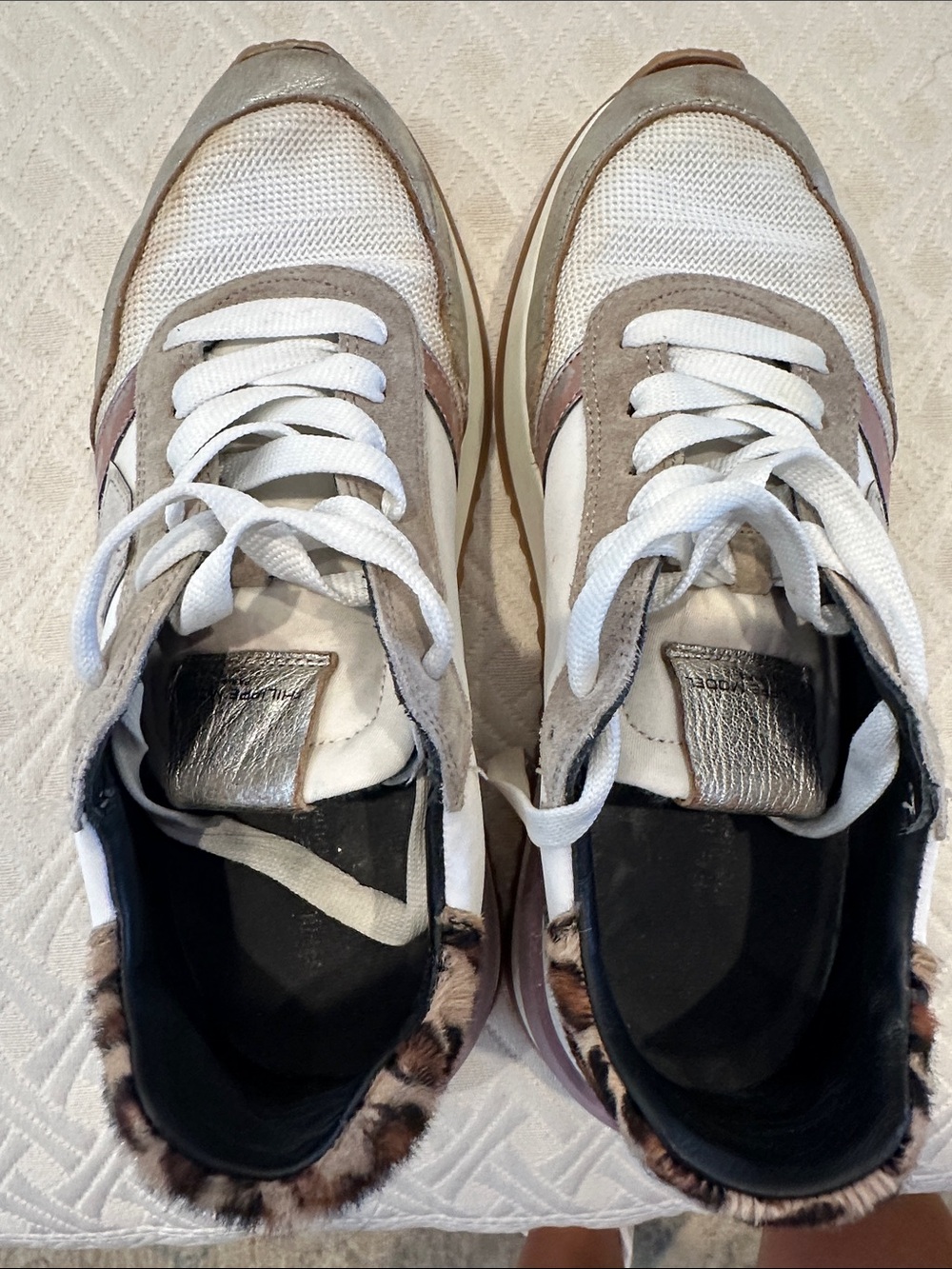 Philippe Model White, Taupe and Leopard Accent Women's Sneakers